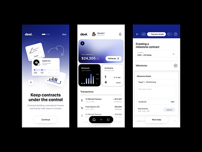 deel. app – contractors app contract dashboard deel finance app financial app fintech fintech app ios app mobile app payroll visual identity walkthrough
