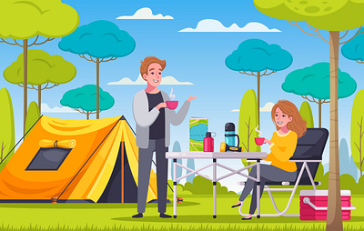 Camping composition camping cartoon illustration picnic tent vector