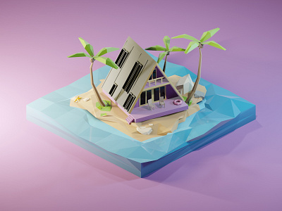 House on the Island 3d 3dillustration 3dmodeling b3d blender3d diorama house illustration island isometric low poly lowpoly lowpolyart palm render renders tropical