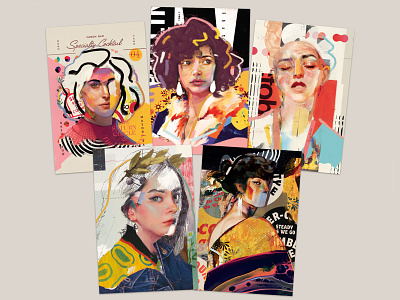 Collage Portraits Postcard Set art collage design illustration portrait postcard poster print vector