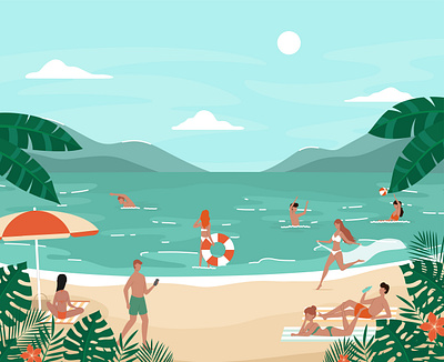 People having fun on the beach cartoon cartoon character illustration people play summer vacation vector