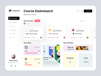 StudyCo Dashboard Design admin analytics course dashboard dashboard app dashboard ui design finance graph interface products side bar social stats task ui ui ux user ux web design