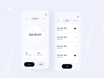 Alarm Clock Minimal App alarm android application black and white clock clock app creative ios ios app minimal mobile app stopwatch app ui design ux design