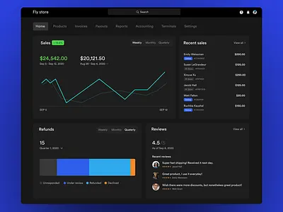 Dashboard - Store app - Dark mode app app design chart dark dark mode design desktop enterprise finance flat minimal mobile revenue sales store ui uiux ux visualization web