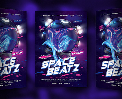 Space Beatz Party Flyer 3d astro astronaut beats beatz cosmonaut flyer gum helmet neon party space spaceman universe