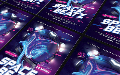 Space Beatz Party Flyer 3d astro astronaut beats beatz cosmonaut flyer gum helmet neon party space spaceman universe