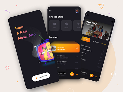 Music App app branding clean color dark dark app illustration illustrations minimal mobile mobile app music music app music player play playlist splash screen style ui ux