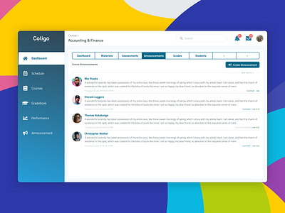 Course Announcements | LMS announcements app course design education experience grades information learning management matrials performance student system teacher ui ux