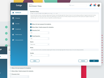 Short Answer / Essay Question | LMS announcement answer app courses design education educational essay experience grade grades manage notes question school system ui ux web