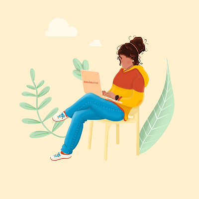 Business Woman beautiful black business character character design colorful creative curly hair design freelancer illustration jeans laptop leaves love position sketchbook woman women work