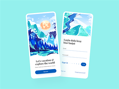 Onboarding screen exploration design illustration illustrator landscape loginscreen mobileapp onboarding travel travel illustration travelapp ui uiux uiux design