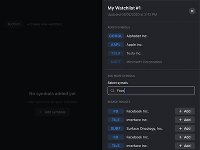 🎚 Slide-over - Edit Watchlist add app application clean dark ui data desktop finance interactive list save changes search sliderover stock stocklabs symbols ui user experience ux watchlist