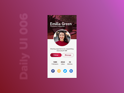 Daily UI 006 adobexd daily challange daily ui daily ui challange daily ui006 dailyui dailyuichallenge design designer profile design profile page profiles ui uidesign