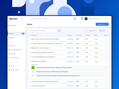 Exam Items / Questions answers create design education experience grades information items listing question questions system type ui ux web