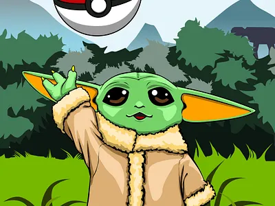 Baby Yoda and Pokeball adobe photoshop baby yoda cute art design drawing fan art fanart fantasy fantasy art illustration pokeball pokemon pokemon art star wars starwars yoda