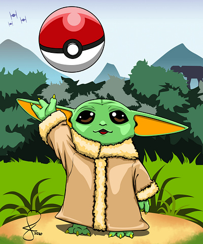 Baby Yoda and Pokeball adobe photoshop baby yoda cute art design drawing fan art fanart fantasy fantasy art illustration pokeball pokemon pokemon art star wars starwars yoda