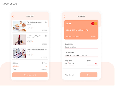 DailyUI - Checkout 002 app app design card card design checkout dailyui design figma flat minimal mobile rose rose gold salmon ui uidesign uiux ux