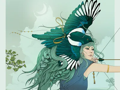 Focus archer bird character illustration illustration line art painting warrior wings woman
