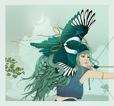 Focus archer bird character illustration illustration line art painting warrior wings woman