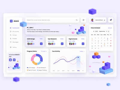 EDUCO - Online Course Dashboard 3d chart clean course online cube dashboard dashboard design design light minimal piechart simple ui uidesign uiux