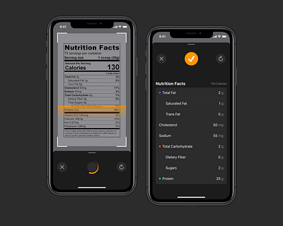 Nutrition Label Scanner app dark diet food ios label mobile nutrition scanner ui user interface