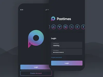 Pastimes dark mode activity dark mode dark ui events login login screen mobile mountain biking outdoor outdoors splash splash screen ui ux