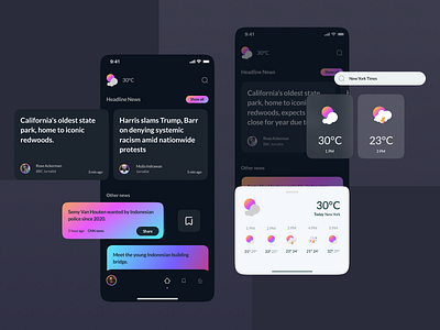 Moco - News Feed App app colorful dark design digital information layout news newsletter simple ui ux weather