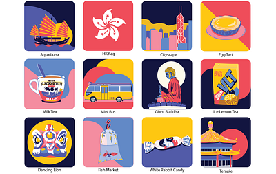 Hong Kong chinese city dancing lion design egg tart flat flat illustration food food and drink graphic design hong kong icons illustration illustrator milk tea oriental temple vibrant white rabbit