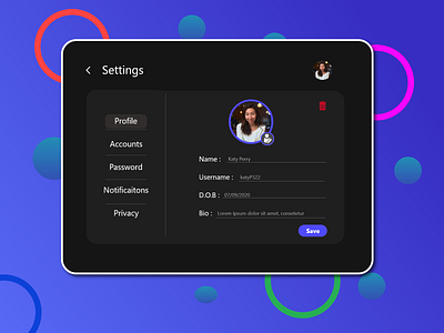 Profile settings UI adobexd challange dailyui dailyuichallenge design ipadpro tablet uidesign user userprofile webdesign