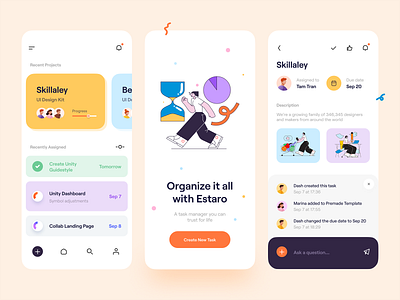 Estaro – Task Management app card character character design clean comment illustration minimal mobile mobile app onboarding task task management task manager typography ui ui design ui kit ux ux design