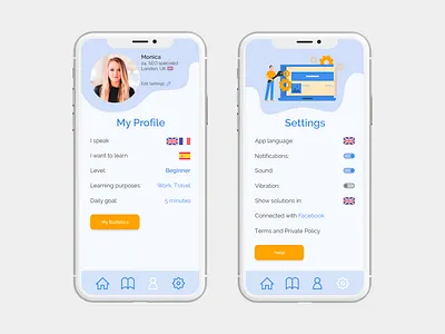 Learning app - Profile and Settings app app design app ui colors illustration language app language learning learning app product design profile design settings settings ui ui ui design user experience user interface ux ux design