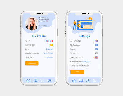 Learning app - Profile and Settings app app design app ui colors illustration language app language learning learning app product design profile design settings settings ui ui ui design user experience user interface ux ux design