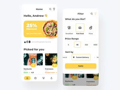 Food delivery app app delivery food ios map mobile pizza restaurant taxi white yellow