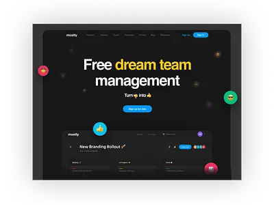 Mostly Team Management agency branding bright dark dark ui dashboad emoji landing list marketing product simple task task management team teamwork todo ui website