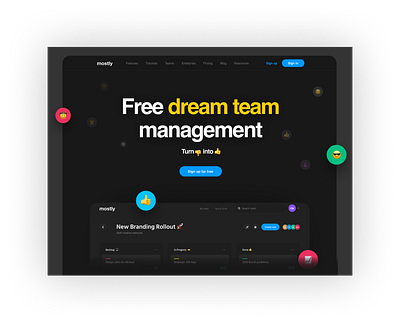 Mostly Team Management agency branding bright dark dark ui dashboad emoji landing list marketing product simple task task management team teamwork todo ui website