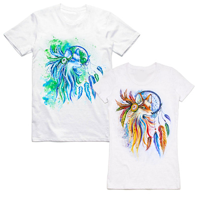 paired hand-painted t-shirts, fox and dreamcatcher, customiza apparel design fashion fox hand painted handmade paint painting style wear