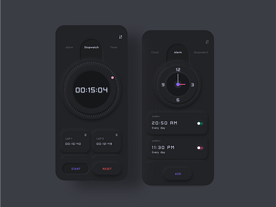 Alarm Clock App ( Neumorphism UI Dark & Light) alarm android application black ui clock clock app creative dark version ios ios app light minimal mobile app soft ui stopwatch app ui design ux design