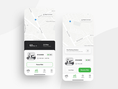 Rent an eScooter - On ride & paused ride screens ( light theme ) adobe xd app app design booking app design escooter interface micromobility minimal mobile mobile app mobile ui mobility scooter transport ui ui design uiux uiuxdesign