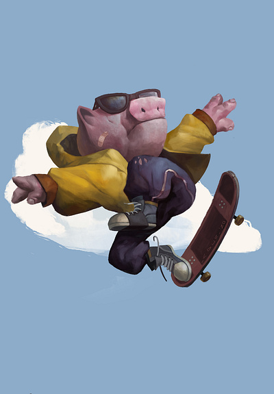SkatePork blue design illustration porky skateboarding skater sky