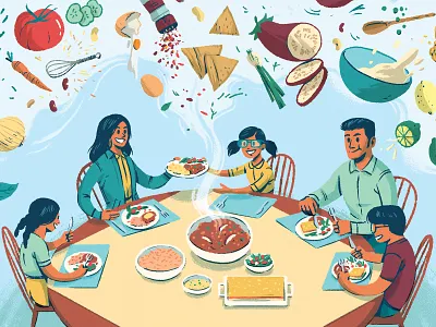 Village Life aubergine character characterdesign dinner drawing editorial family food graphic illustration limes memories nostalgia stew supper texture tomatoe