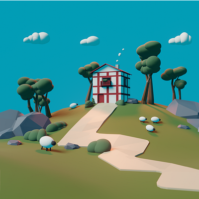 House from Pays Basque 3d art blender cloud illustration nature sheep trees