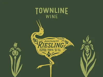 Townline Wine Riesling bird branding crane floral flower great lakes hand drawn hand lettering illustration iris label design lettering michigan native typography vintage white wine wine label