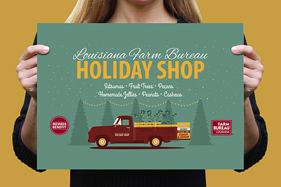 2018 Louisiana Farm Bureau Holiday Shop banner agriculture christmas citrus design farm bureau ford gold holidays illustration illustrator louisiana maroon pms202 teal trees truck