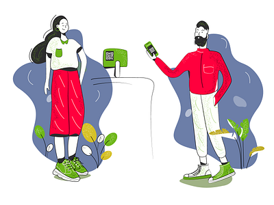 Paying With QR code app banking character flat illustration minimal qrcode vector