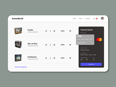 GameWorld | Ecommerce Cart adobe xd animation board game card cart daily design design ecommerce interaction interface minimal payment product design shopping cart typography ui ux web web design