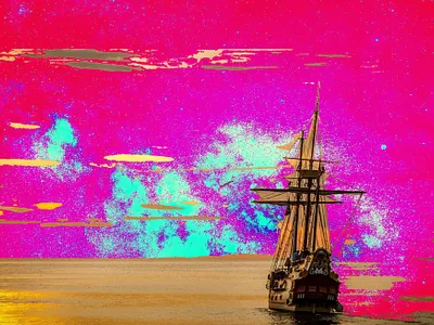 Crossing the border cosmic digital art fantasy illustration photomontage sailing ship surreal unreal vessel