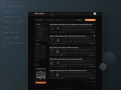Tasking Platform answers app bitcoin cash crypto interface open task questions tags tasks ui ux web