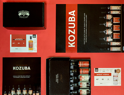 Kozuba & Sons Distillery Sales Collateral alcohol branding black bottle packaging brand identity branding craft spirits custom packaging flatlay identity design label design liquor branding package design poste design product photography red sales collateral wordmark