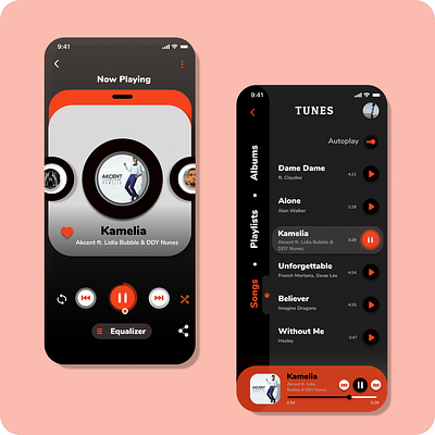 Tunes App appdesign dark theme design musicplayer typography ui design uxui wireframe