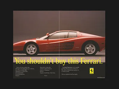 Ferrari - 80's-esque double spread 80s style ad advertising automotive brand design brand identity branding car double spread editorial ferrari print